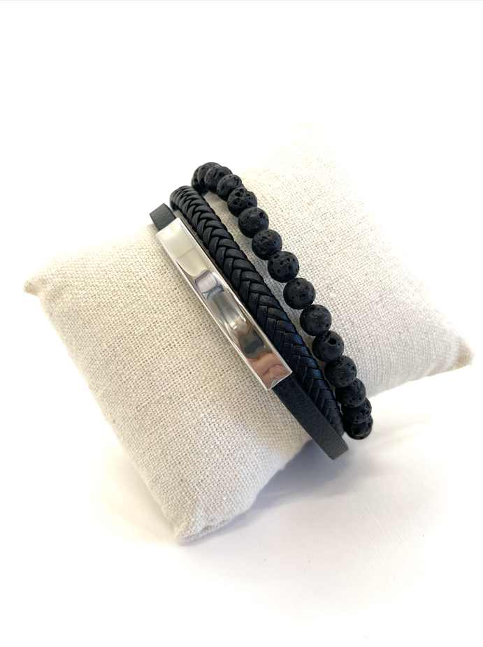 Bracelet trois rangs cuir et pierre de Lave