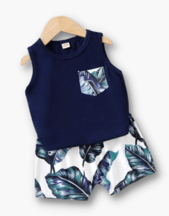 Baby Boy Patched Tank Top with Tropical Print Shorts