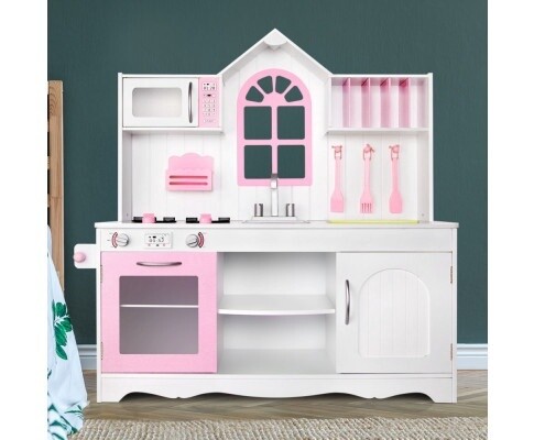 Keezi Kids Wooden Kitchen Play Set - White &amp; Pink