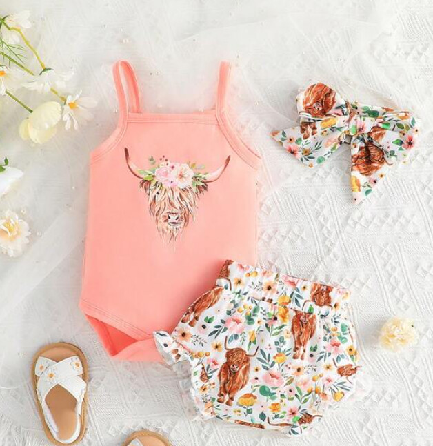 3pcs Baby Girls' Cute And Sweet Floral Print Bodysuit With Shorts And Headband Set For Summer