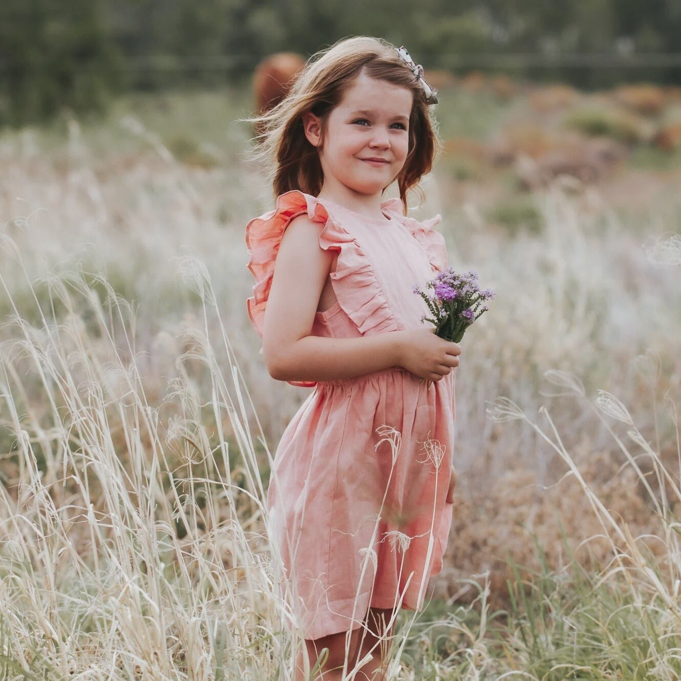 Girls Florence Summer Dress - Peach Pink Linen