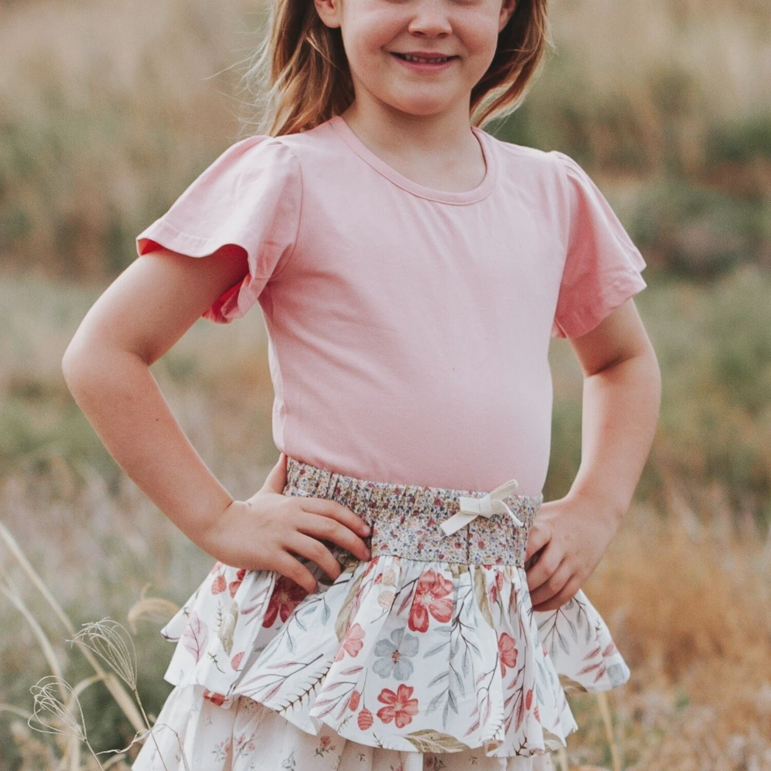 Girls Frill Sleeve Top - Peach Pink