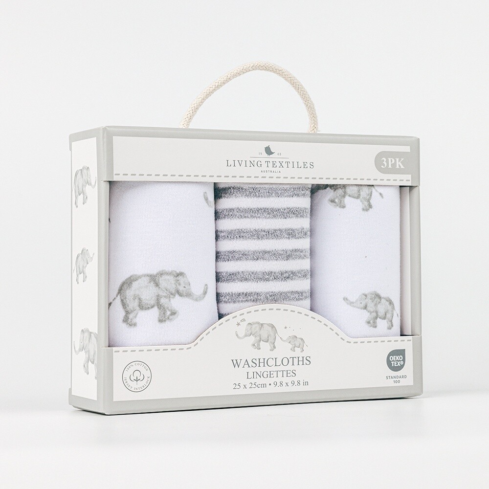 3pk Wash Cloths - Watercolour Elephant