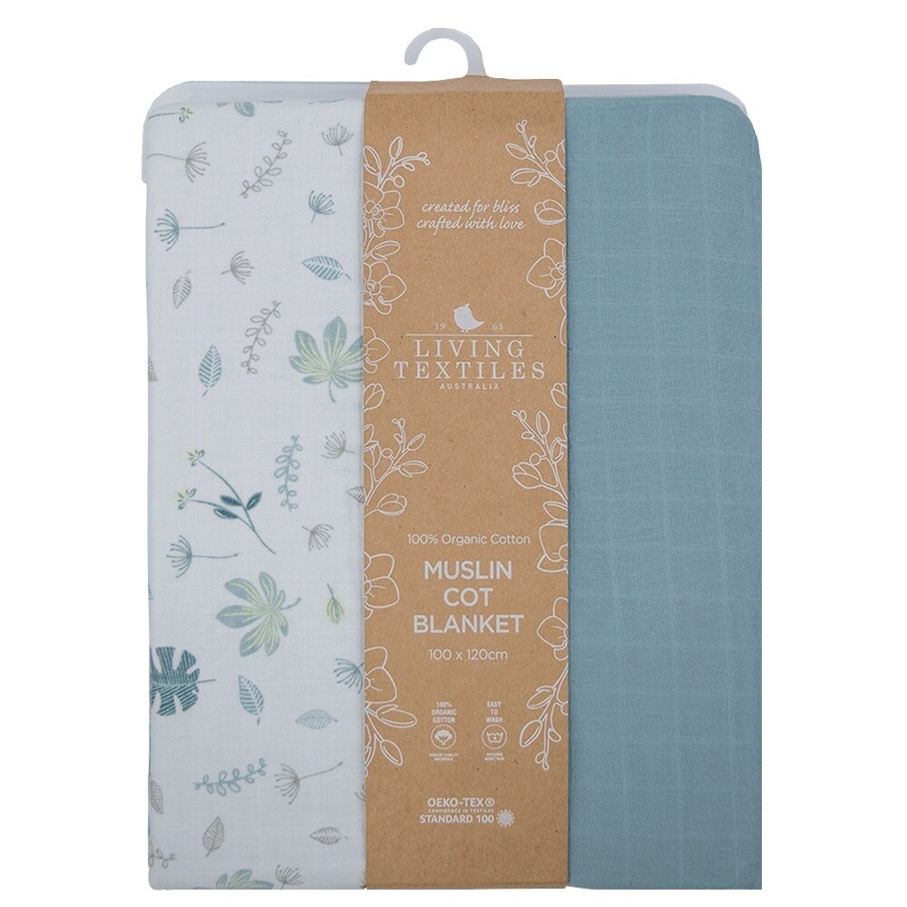 ORGANIC MUSLIN COT BLANKET - BANANA LEAF/TEAL