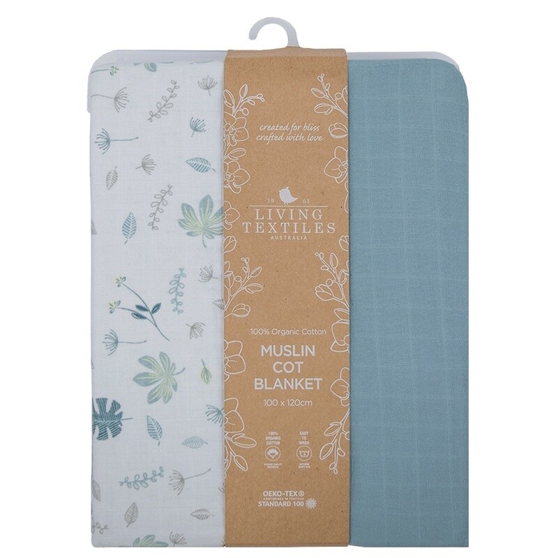 ORGANIC MUSLIN COT BLANKET - BANANA LEAF/TEAL