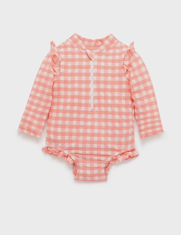 PRINTED FRILLY L/S SWIMSUIT- Coral Gingham
