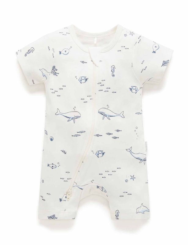 S/S SHORT LEG ZIP GROWSUIT- Vanilla Nautical
