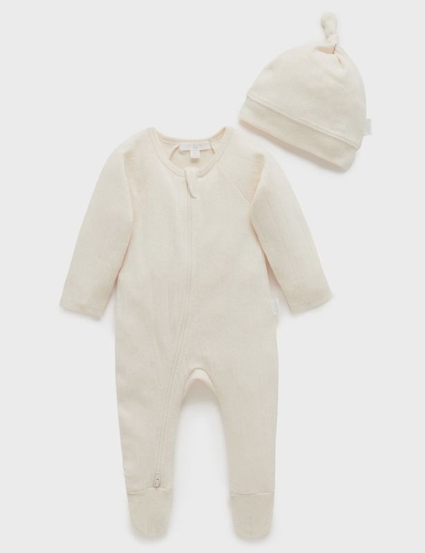 POINTELLE GROWSUIT &amp; HAT PACK-Wheat Melange