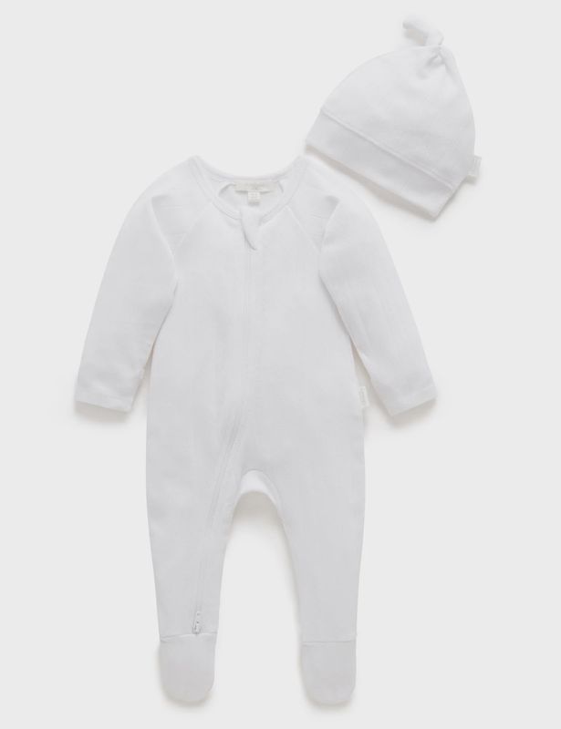 POINTELLE GROWSUIT &amp; HAT PACK- White