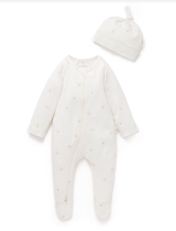 ZIP GROWSUIT &amp; HAT SET- Vanilla Bear