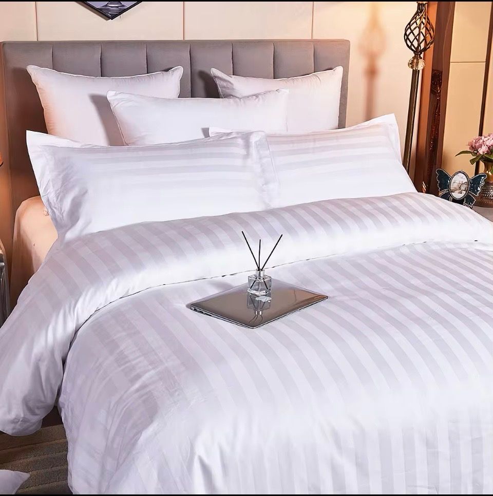 Premium Stripe Satin Egyptian Cotton Bedding Set White 500 TC. Extra King Size (American Standard).