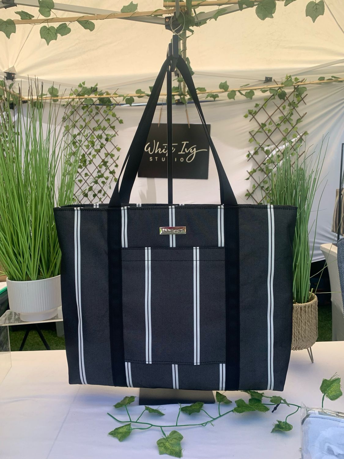 Black &amp; White Stripe Water Repellant Canvas Bag