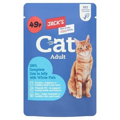 Jack&#39;s Cat Adult 100% Complete Cuts in Jelly with White Fish 100g