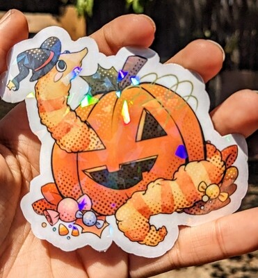 Magic Halloween witch worm on string holo sticker
