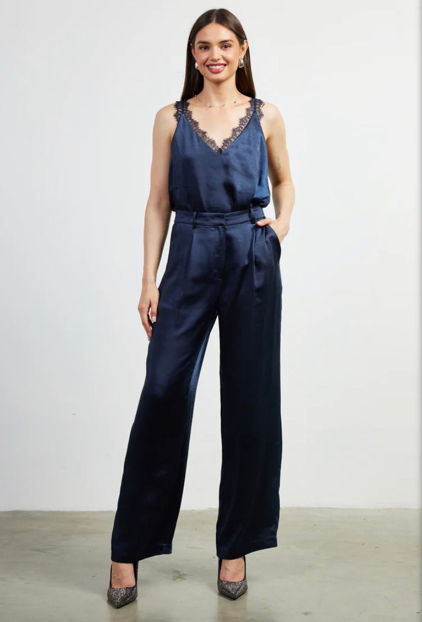 High Waisted Navy Satin Pants