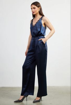 High Waisted Navy Satin Pants