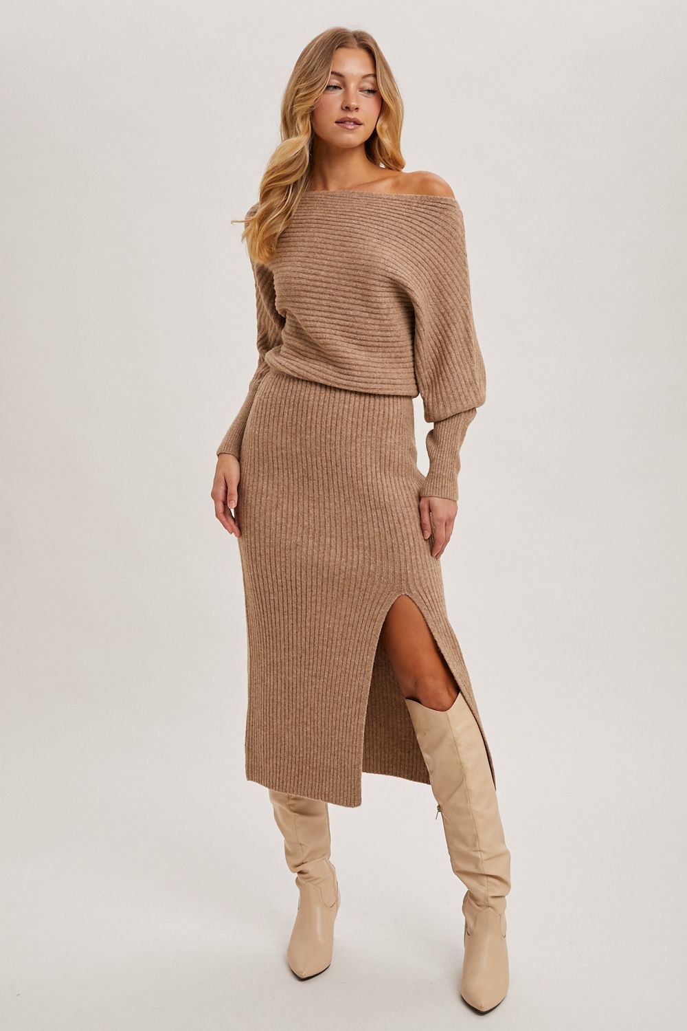 One Shoulder Off Side Slit Midi Knit Dress