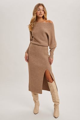 One Shoulder Off Side Slit Midi Knit Dress