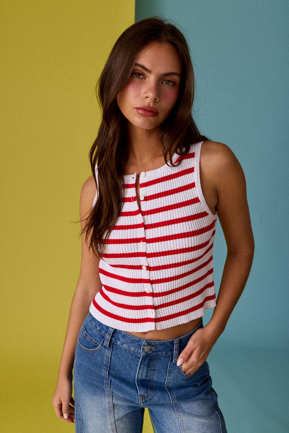 Striped Ribbed Button Top