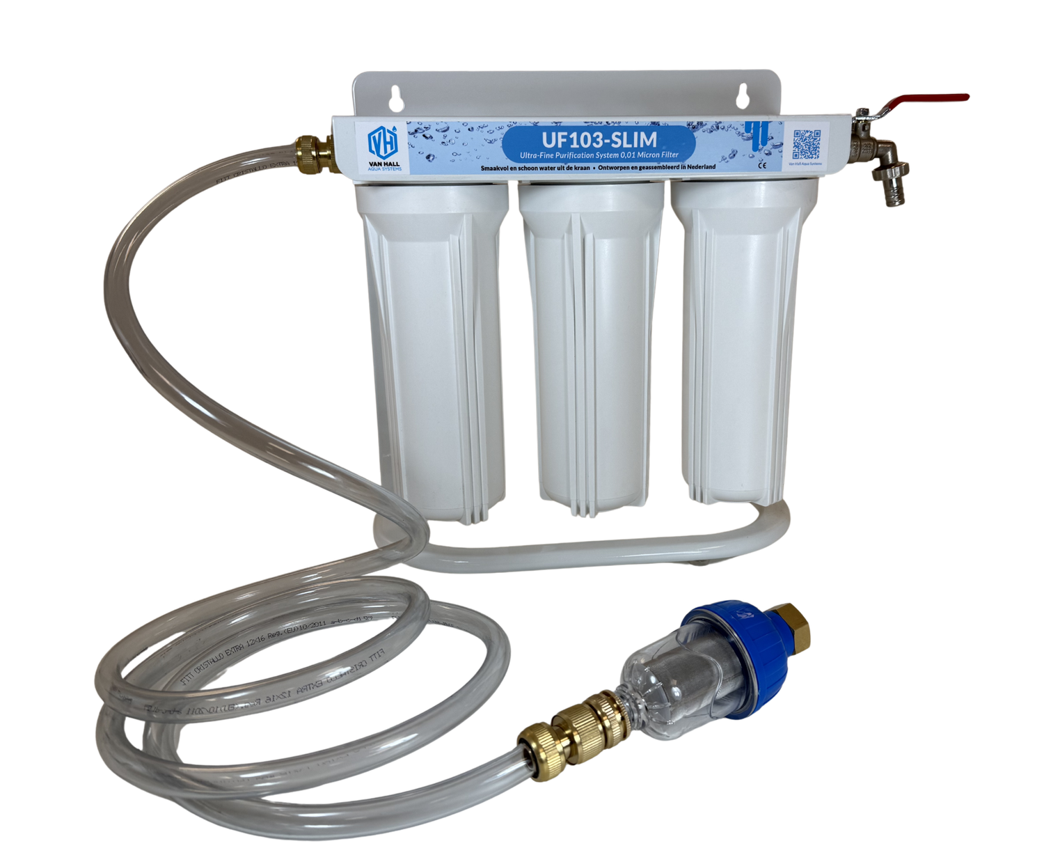 UF-Slim 0,01 micron filter systeem op standaard met voorfilter, slang koppelingen en kraan UF-Slim 0,01 micron filter systeem op standaard met voorfilter, slang koppelingen en kraan