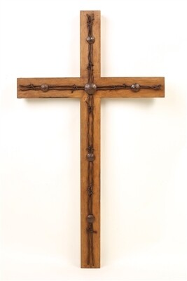 Old Door Cross Barbed Wire-Wooden-Wall Cross-Reclaimed Wood-16x32 inches-Large-Barbed Wire