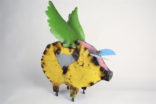 Colorful Metal Flying Pig-Large-Garden Art-Yard-22x10x27H inches-Large