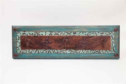 Turquoise Ranch Hat Rack-26x8x6 inches-Coat Rack-Tooled Leather-Cowhide