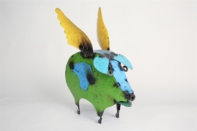Colorful Small Metal Flying Pig-Yard Art-Garden Decor-16x10x18H inches-Small