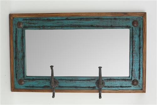 Turquoise Ranch Mirror Hat Rack-Barbed Wire-34x20 inches-Horizontal