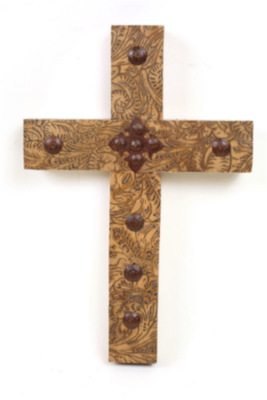 Rancho Adobe Tooled Leather Cross 11x17-Iron Accents-Clavos-Mexican Folk Art