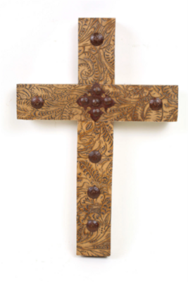 Rancho Adobe Tooled Leather Cross 11x17-Iron Accents-Clavos-Mexican Folk Art