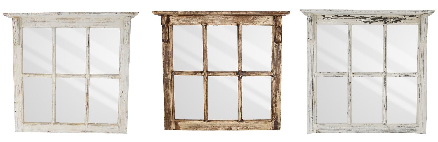 Farmhouse Wall Mirror with Shelf--Primitive-Rustic-30W x 29H x 4D-Distressed-Farmhouse-Three Colors-6 Pane Mirror