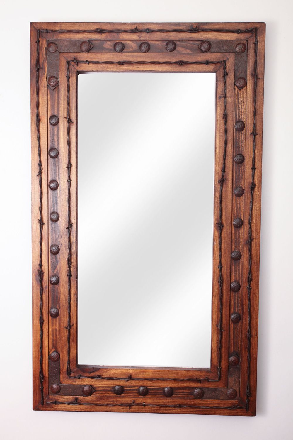 Rancho Adobe Mirror™ -Wood-Handmade-Rustic-Barbed Wire-Wall-Clavos-Primitive-Vanity Accent Mirror-Ranch-Western-17 Sizes