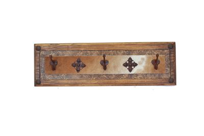 Big Ranch Hat Rack- Rustic -Wood-Western-Cowboy-Coat Rack-Cowhide-Leather-Tooled-26x8x4-Iron Medallions Big Ranch Hat Rack- Rustic -Wood-Western-Cowboy-Coat Rack-Cowhide-Leather-Tooled-26x8x4-Iron Medallions