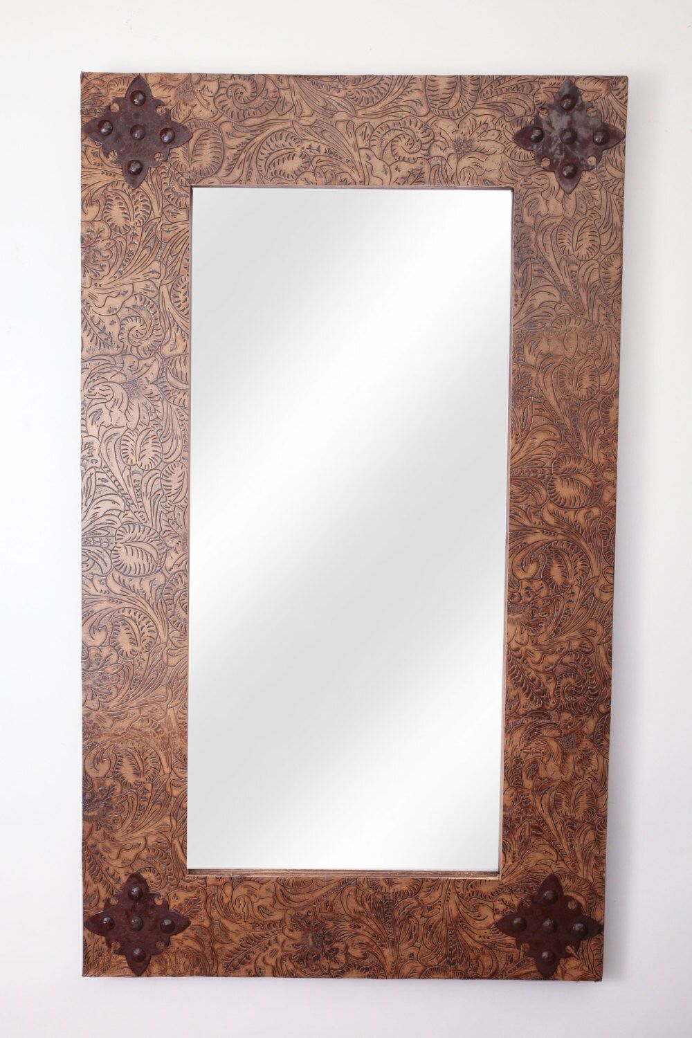 Rustic Ranch Tooled Leather Mirror-20x34 inches-Wood-Mexican-Rustic-Cowboy-Clavos-NEW-Western-Lodge