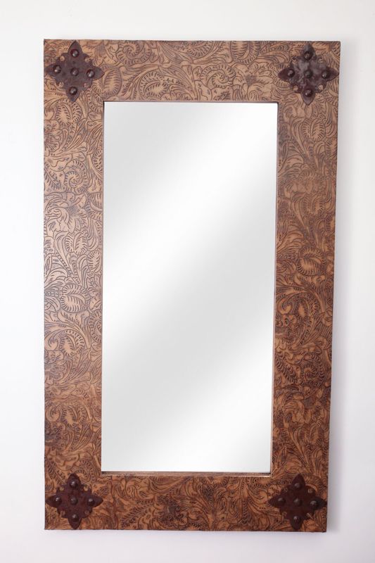 Rustic Ranch Tooled Leather Mirror-20x34 inches-Wood-Rustic-Cowboy-Clavos-Western-Lodge