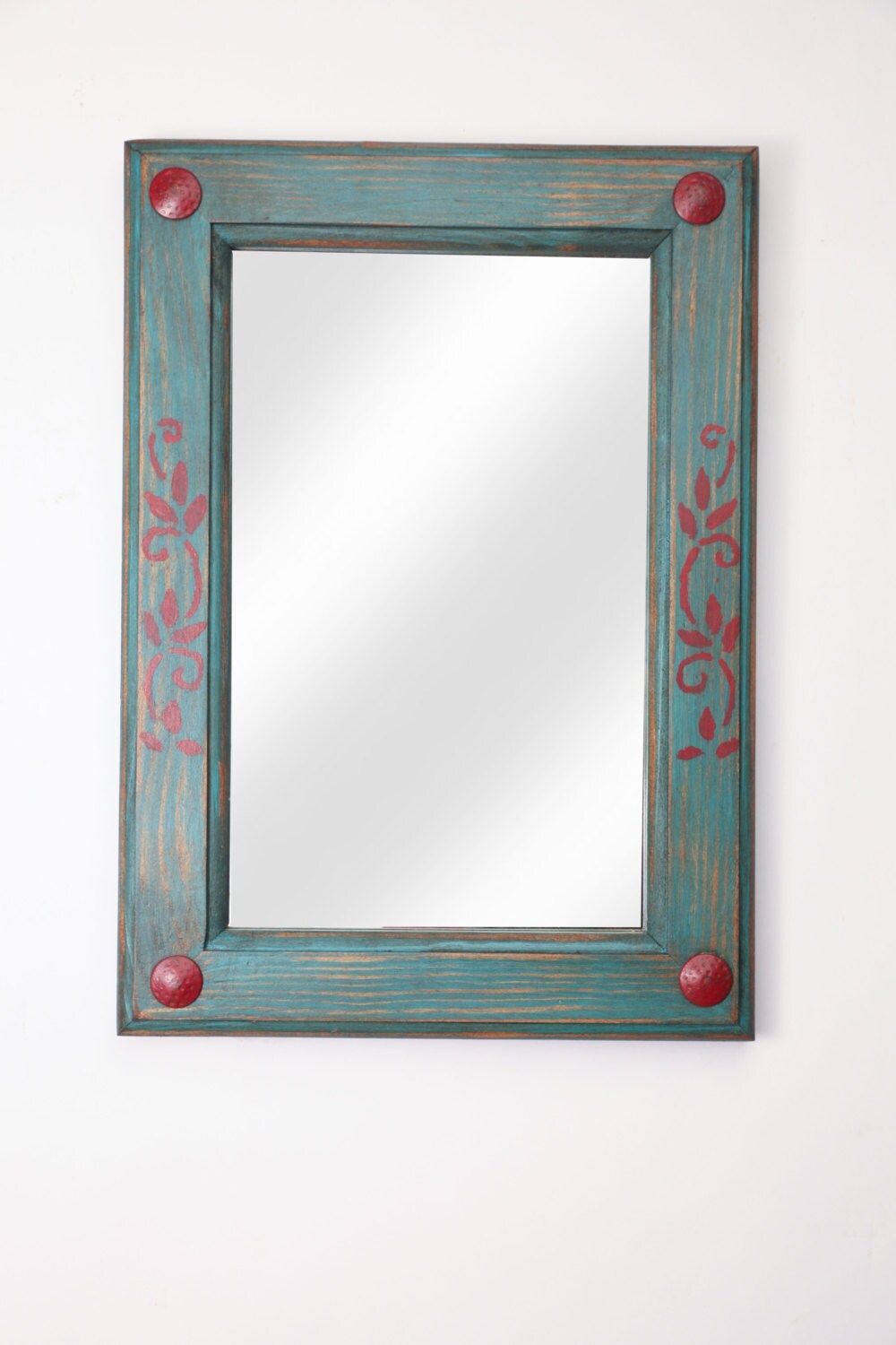 Turquoise And Red Rustic Mirror-Wood-Handmade-Accent Mirror-15x20-Folk Art-Clavos-Primitive-Hand Painted-Wooden
