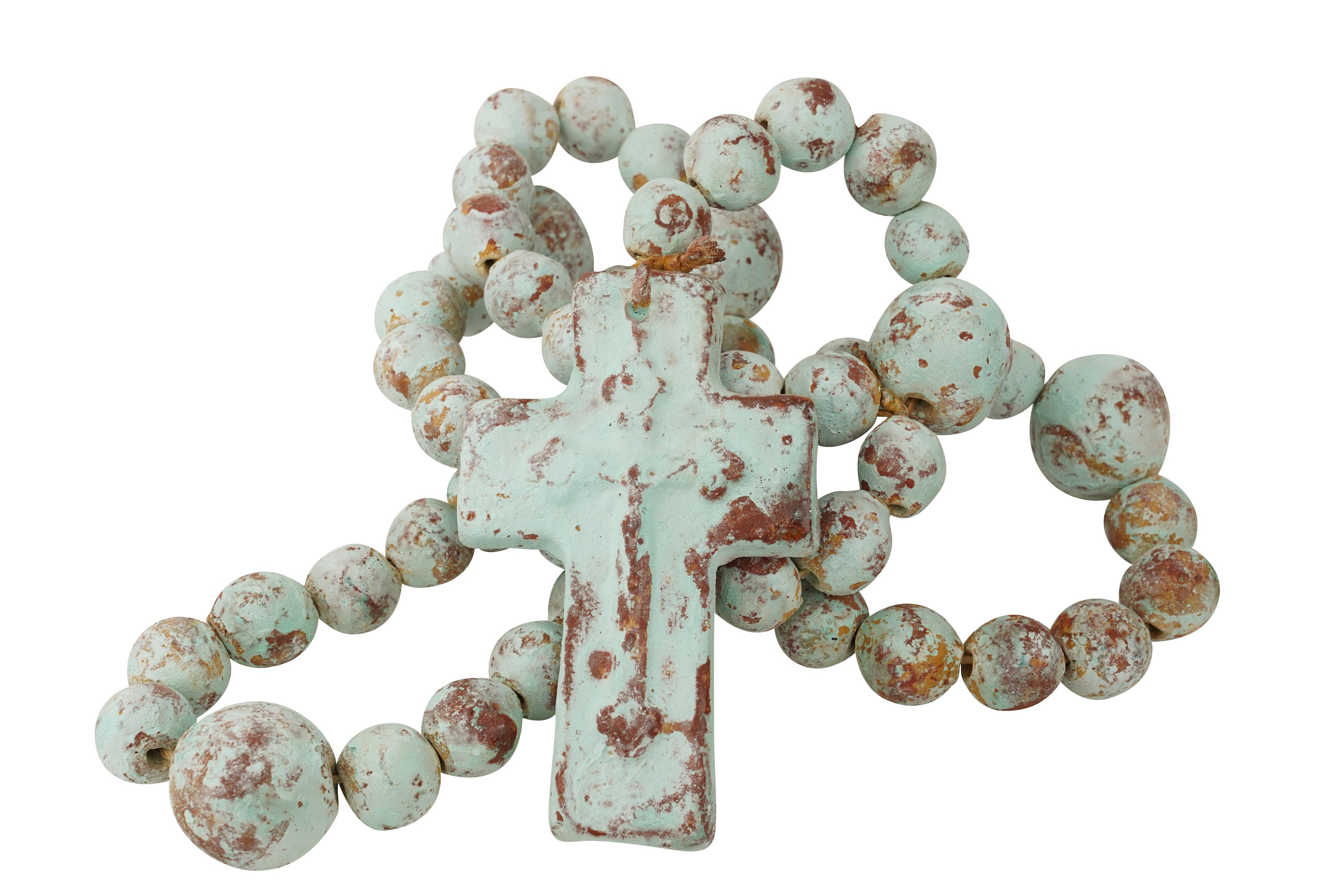Hope Clay Rosary-WH-Beads-Gorgeous-Turquoise-XLG-54 Inches Long-Primitive-Handmade-Hand Painted-Cross-Extra Large-Turquoise-#6