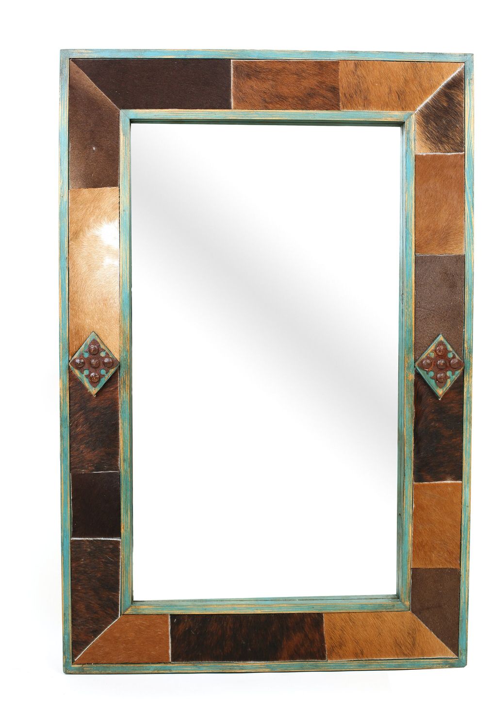 Big Horn Cowhide Mirror-Wood-Handmade-Rustic-Western-Accent Mirror-Wall-Clavos-Vanity Mirror-11 Sizes-Turquoise