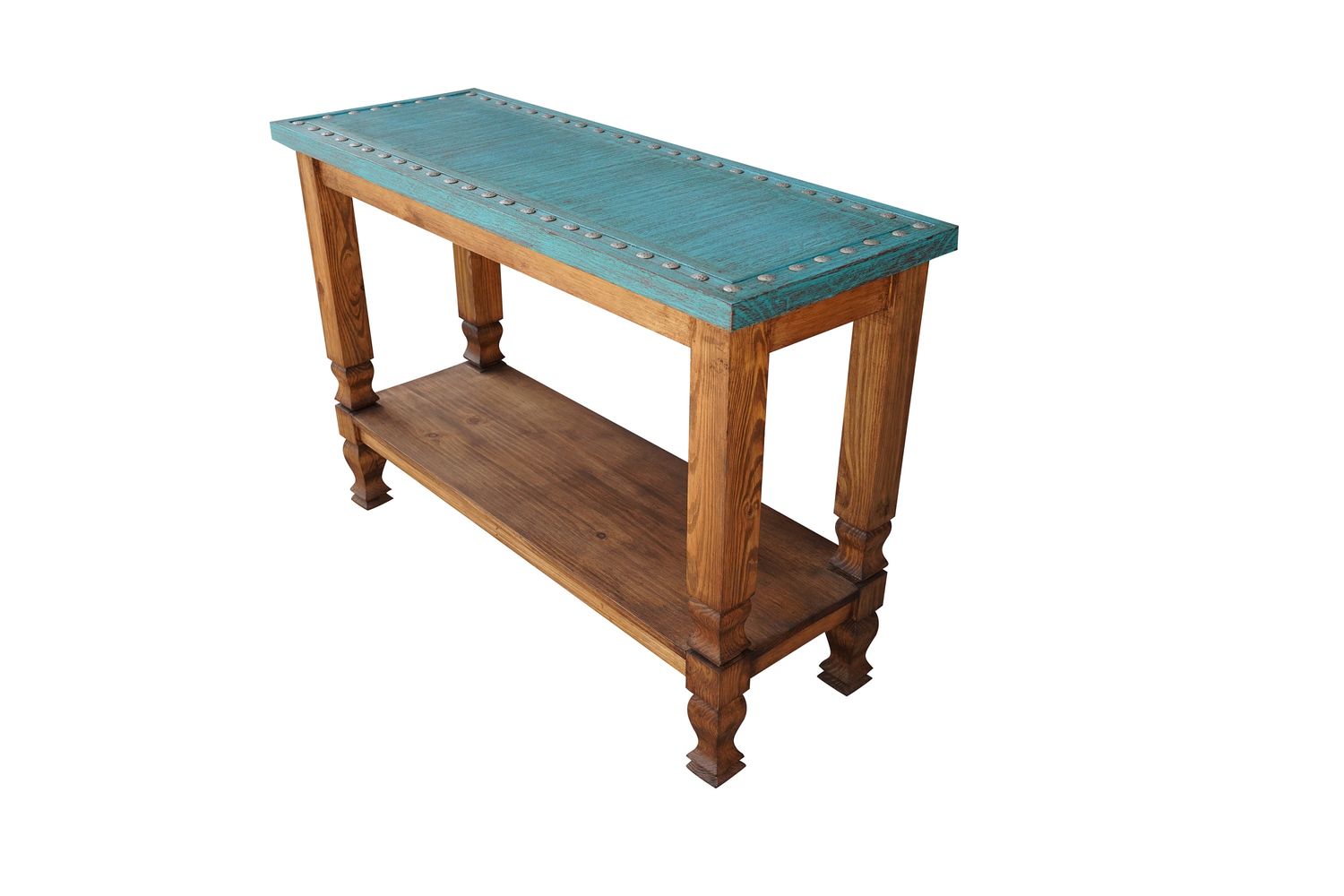 Silver Trails™ Turquoise  Credenza-Handcrafted-Western-Vintage Look-Rustic-Silver Conchos-Clavos-Two Levels-Sofa Table