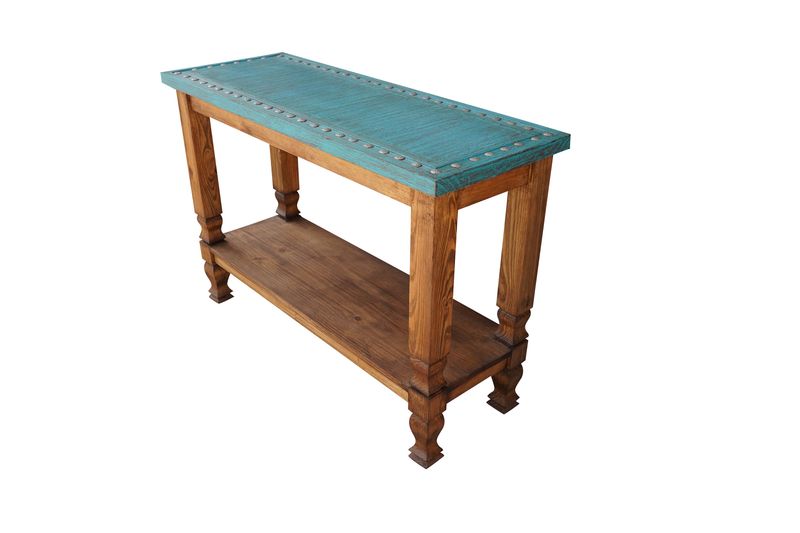 Silver Trails™ Turquoise  Credenza-Handcrafted-Western-Vintage Look-Rustic-Silver Conchos-Clavos-Two Levels-Sofa Table
