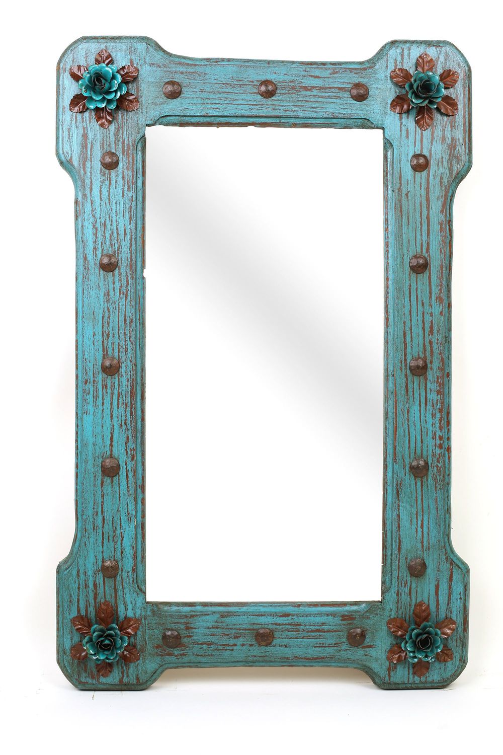 Turquoise Bloom Flower Mirror-29x36-Wood-Mexican-Rustic-Clavos-Western-Vanity-Bathroom-Distressed Turquoise