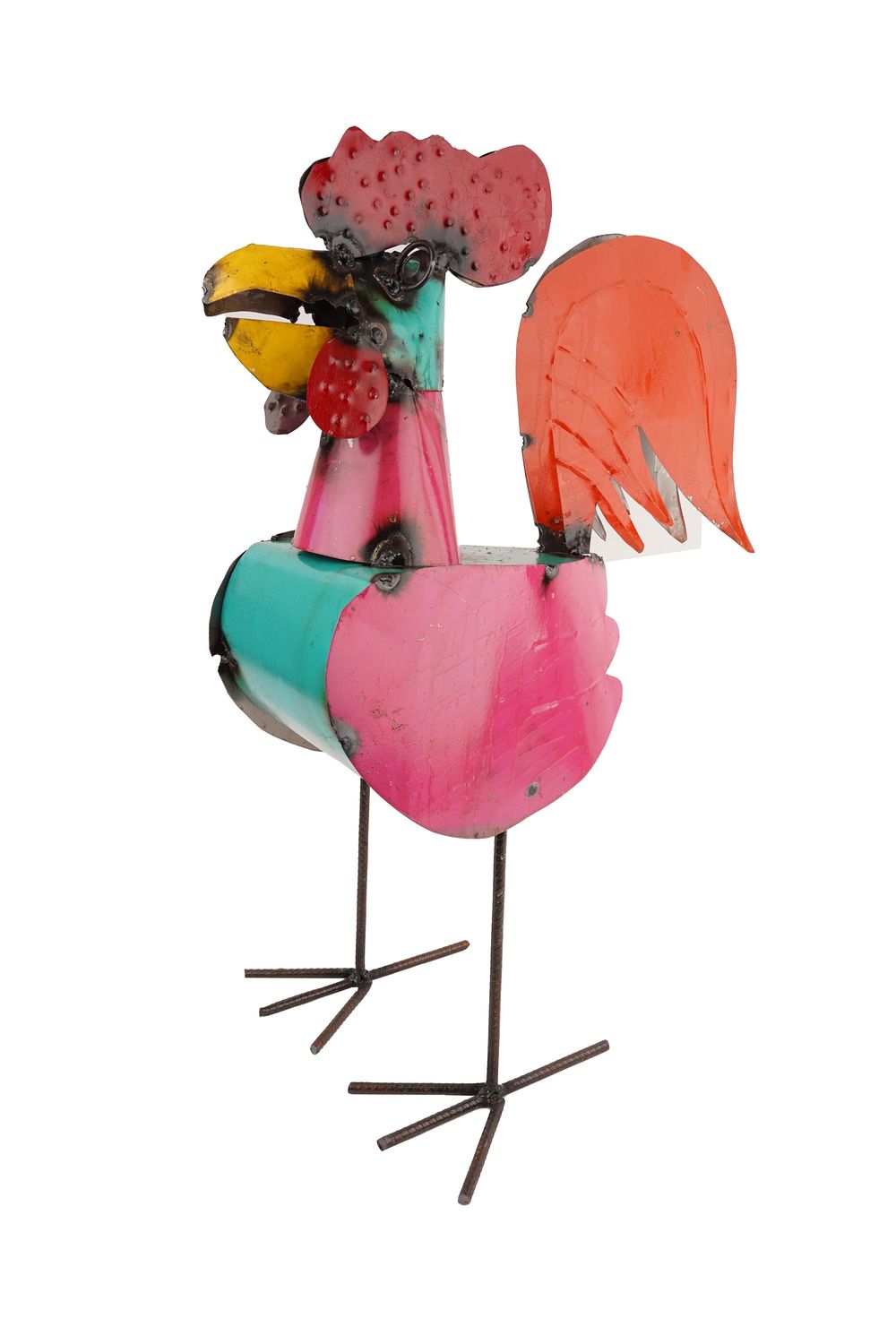 Recycled Metal-2 FT-Large Rooster-WH-Primitive-Art-Farmhouse-Primitive-Garden-Animal-18L x 24H x 10D-Assorted Colors-Large