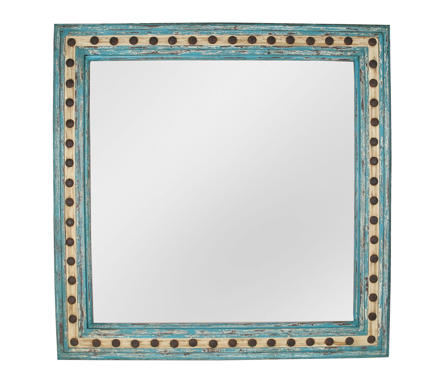 Highland Hills Mirror-Wood-Handmade-Rustic-Wall-Clavos-Primitive-Vanity Accent Mirror-Farmhouse-Distressed White-Turquoise-Loft-16 Sizes