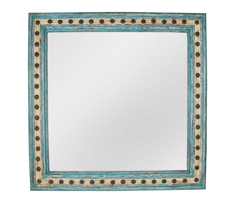 Highland Hills Mirror-Wood-Handmade-Rustic-Wall-Clavos-Primitive-Vanity Accent Mirror-Farmhouse-Distressed White-Turquoise-Loft-16 Sizes