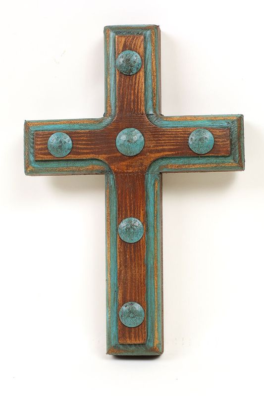 Santa Fe Cross-8x12 inches-Iron Clavo Accents-Clavos-Handmade-Wood-Rustic-Wall Decor Cross-Turquoise and Brown