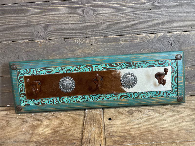 Ranch Cowhide Medallion Hat Rack- Rustic -Wood-Mexican-Western-Cowboy-Coat Rack-Cowhide-Leather-Tooled-26x8x4-Ranch Cowhide Medallion