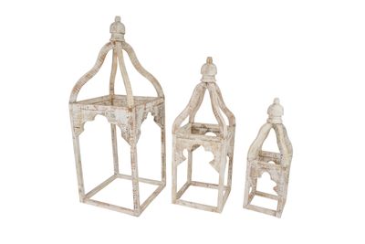 Kota Farmhouse Wood Lantern-Set of 3-Lanterns-White-Handmade-Vintage Inspired-Primitive-Ornate White-Kota Set of 3 Lanterns