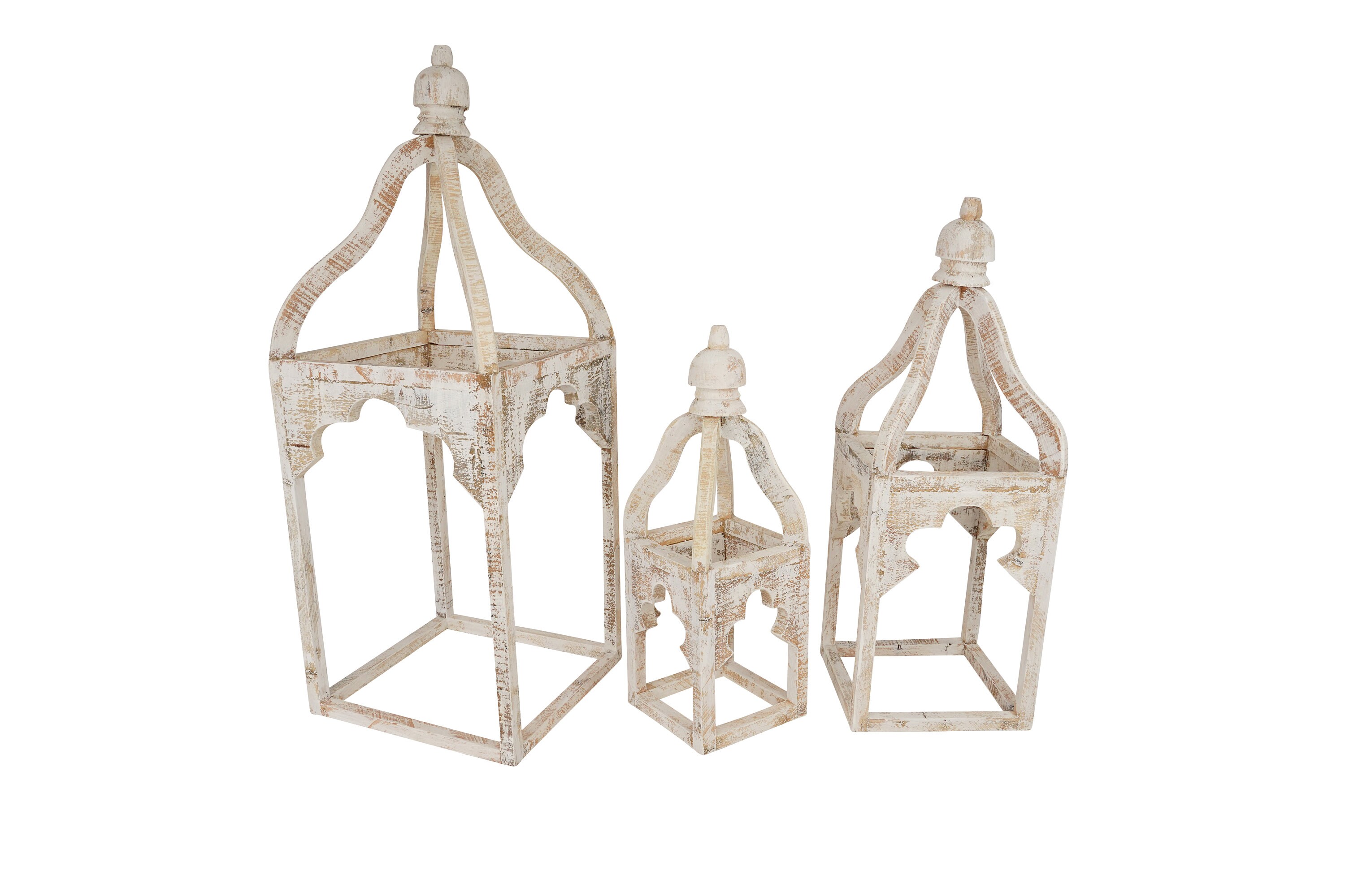 Kota Farmhouse Wood Lantern-Set of 3-Lanterns-White-Handmade-Vintage Inspired-Primitive-Ornate White-Kota Set of 3 Lanterns
