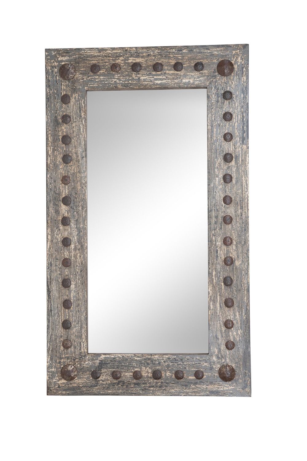Denali Mirror-Wood-Handmade-Rustic-Distressed Gray-Accent Mirror-Wall-Clavos-Medallions-Primitive-Vanity Mirror-Industrial Loft-7 Sizes